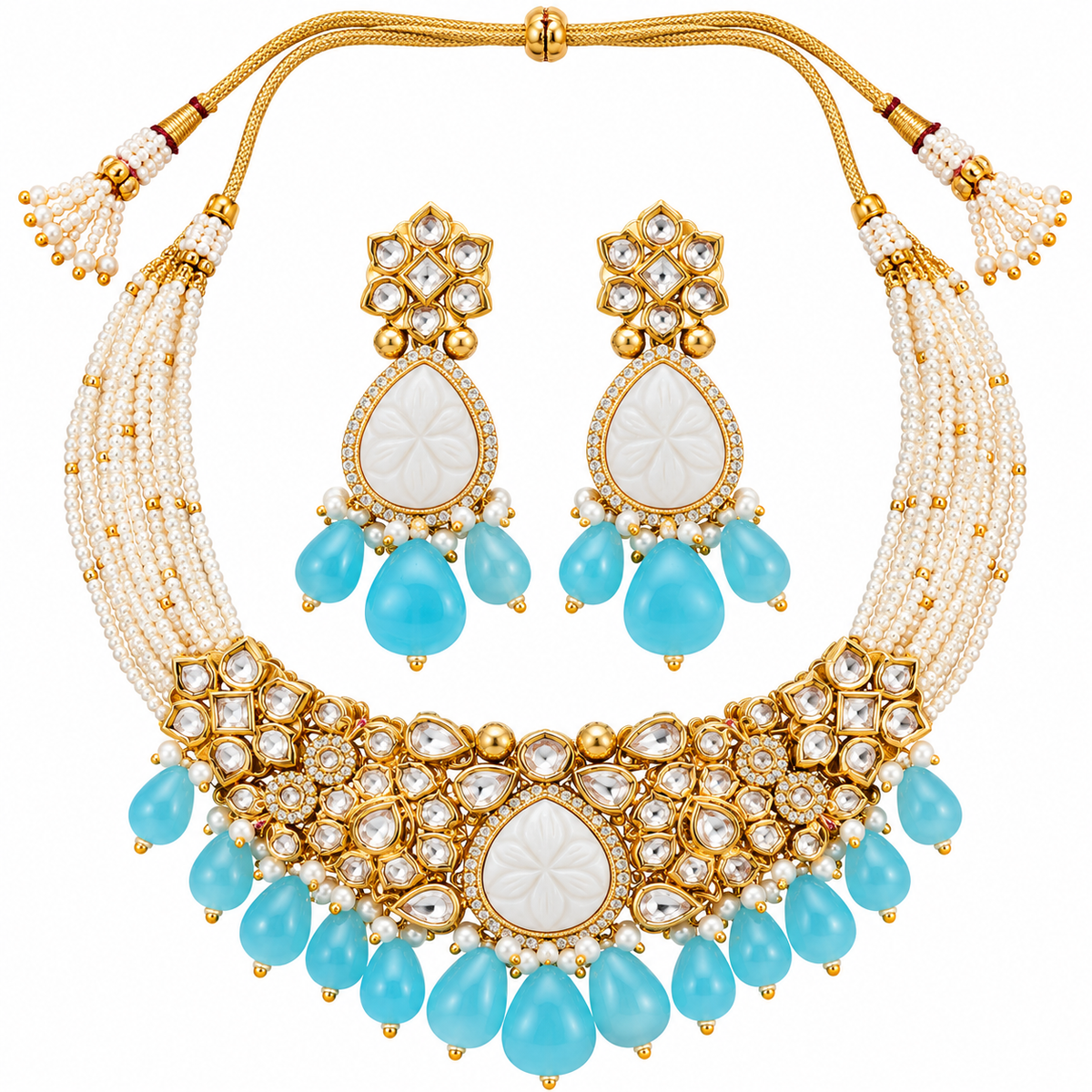 Amrapali Inspired Carved Stone Silver Foiled Kundan with AD Necklace Choker Set