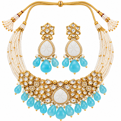 Amrapali Inspired Carved Stone Silver Foiled Kundan with AD Necklace Choker Set