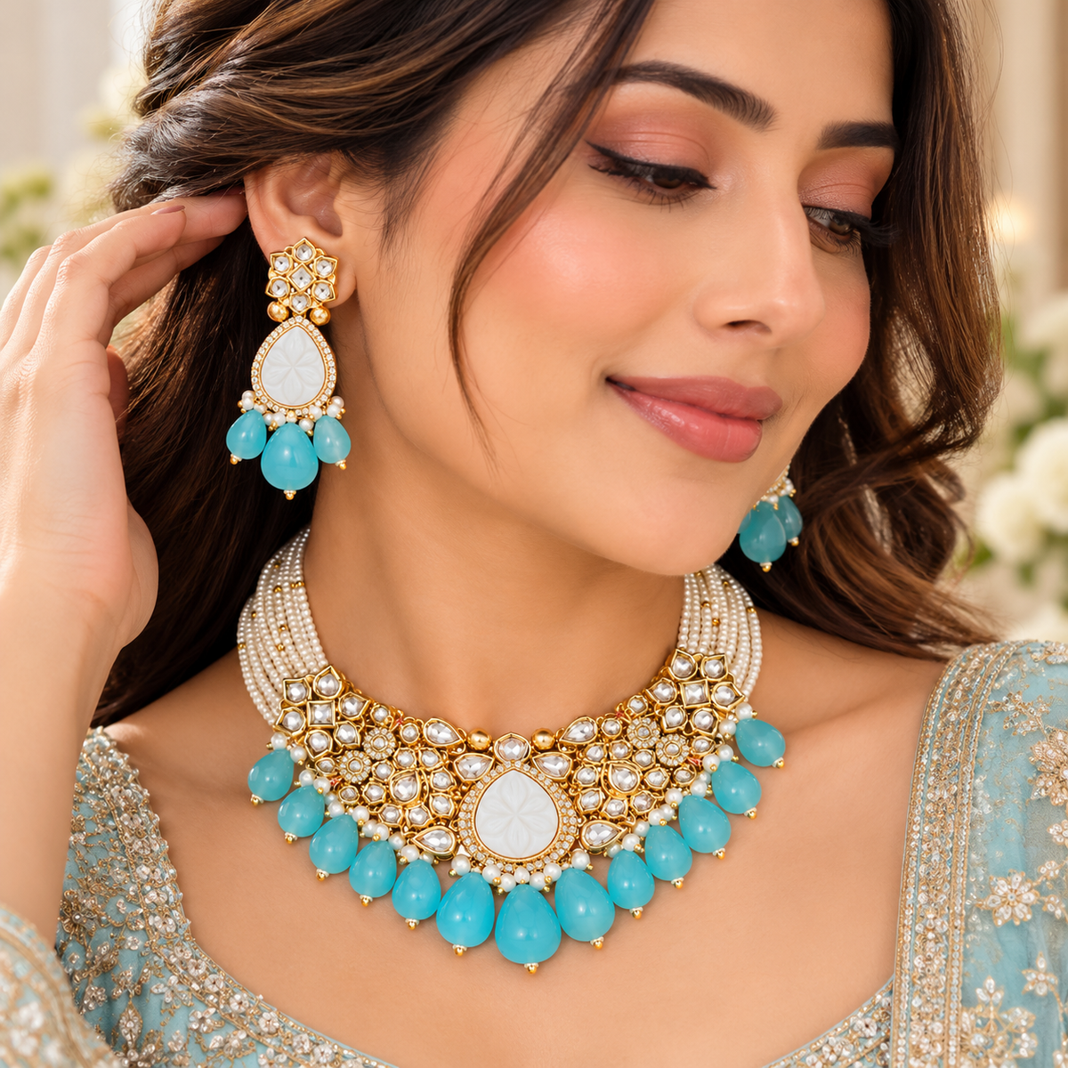 Amrapali Inspired Carved Stone Silver Foiled Kundan with AD Necklace Choker Set