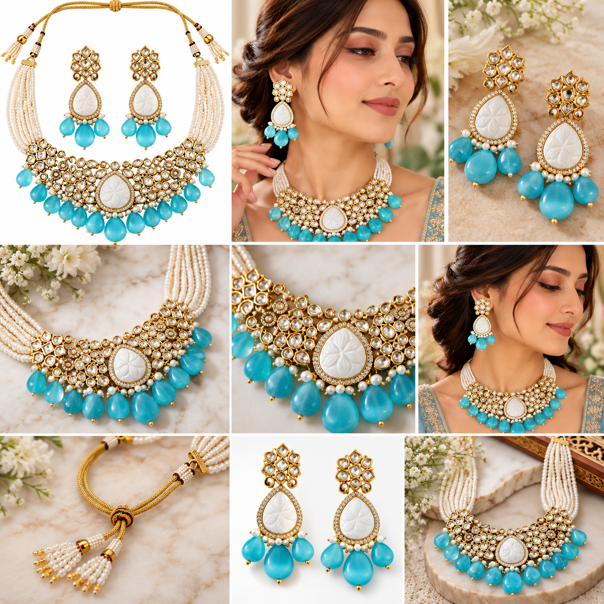 Amrapali Inspired Carved Stone Silver Foiled Kundan with AD Necklace Choker Set