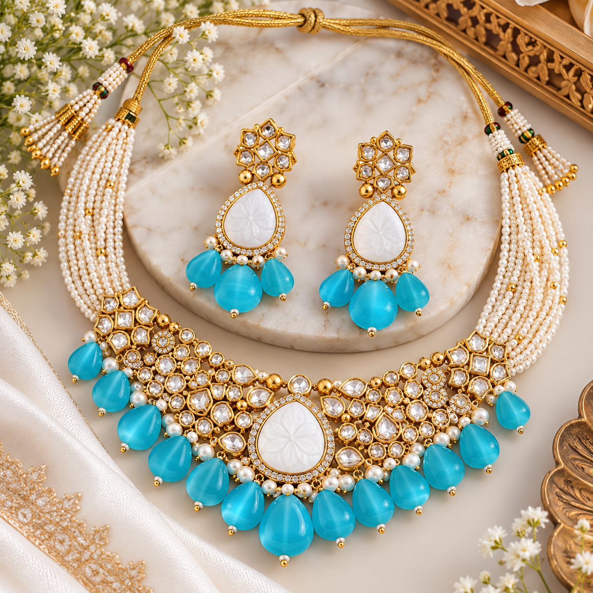 Amrapali Inspired Carved Stone Silver Foiled Kundan with AD Necklace Choker Set