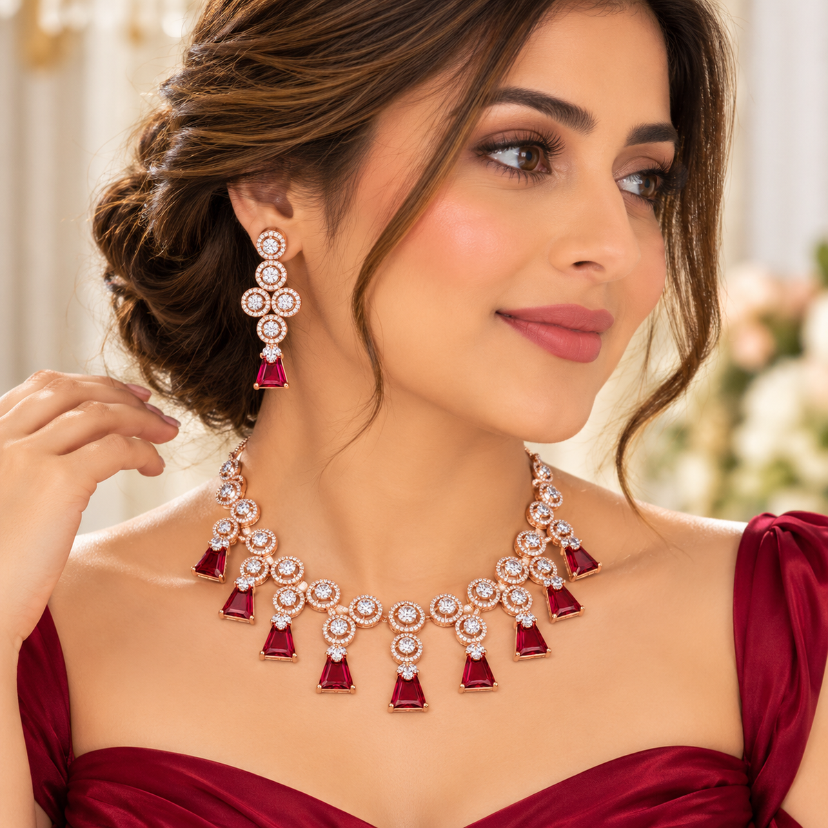 CZ Dangler Necklace Set With Monalisa Stone