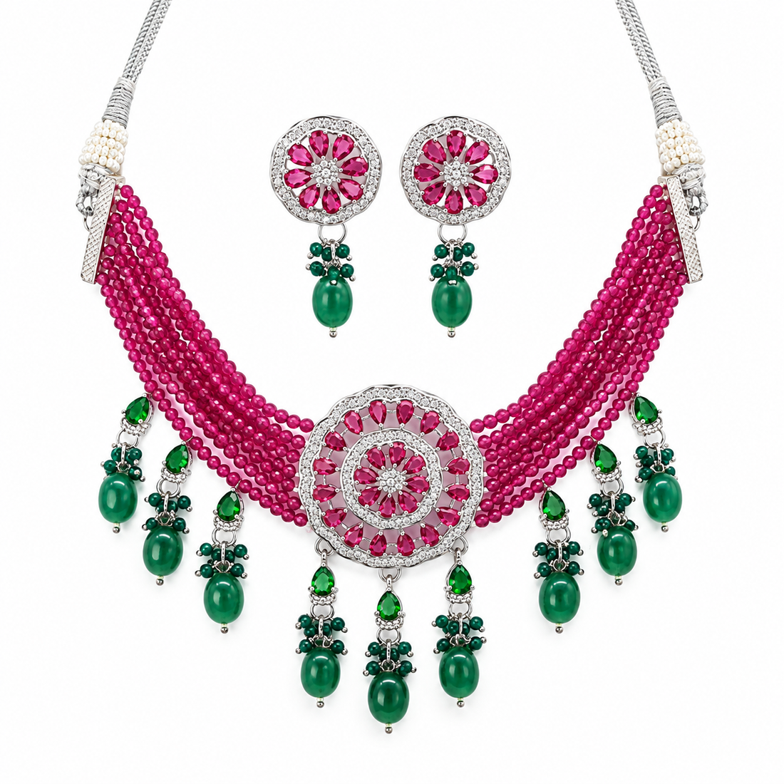 American Diamond Ruby Beads Choker Set