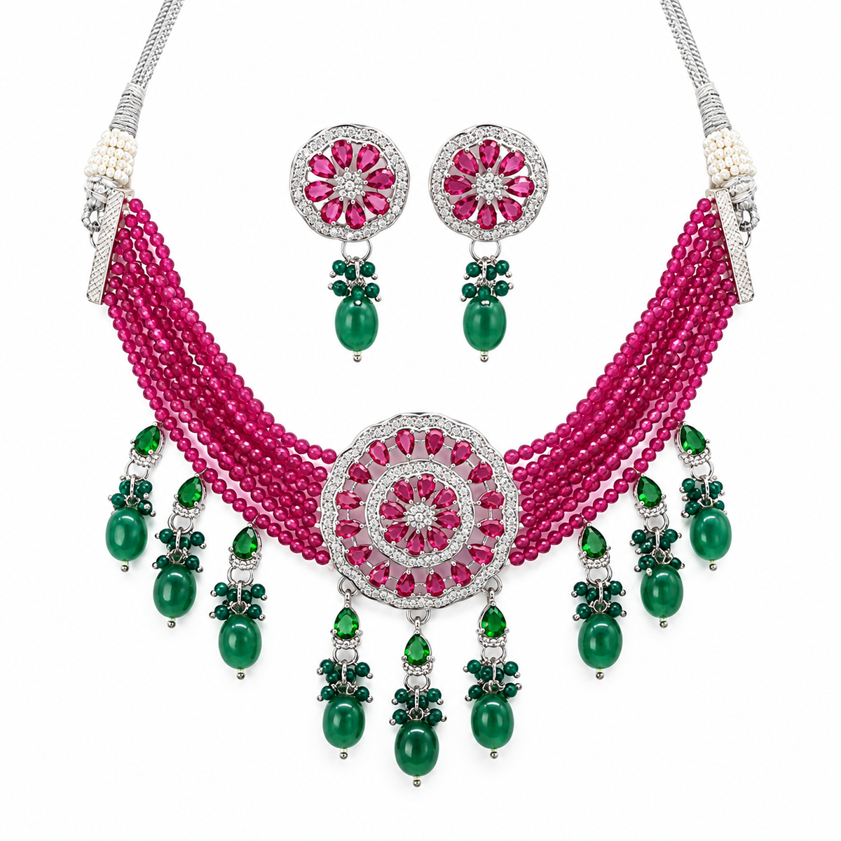 American Diamond Ruby Beads Choker Set