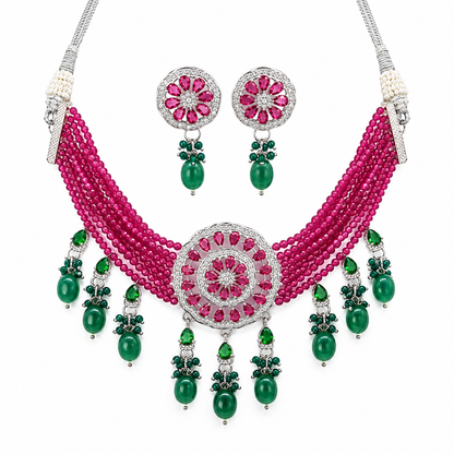 American Diamond Ruby Beads Choker Set