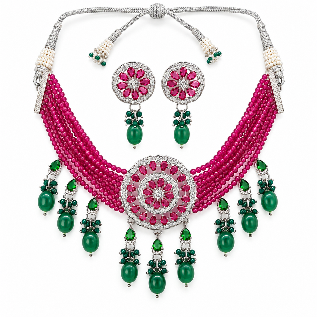American Diamond Ruby Beads Choker Set