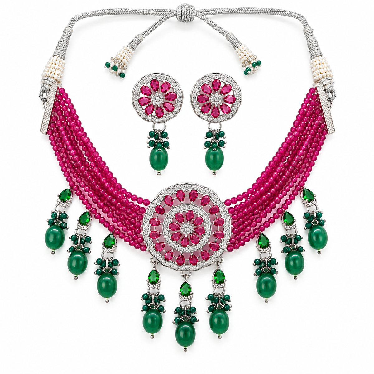American Diamond Ruby Beads Choker Set