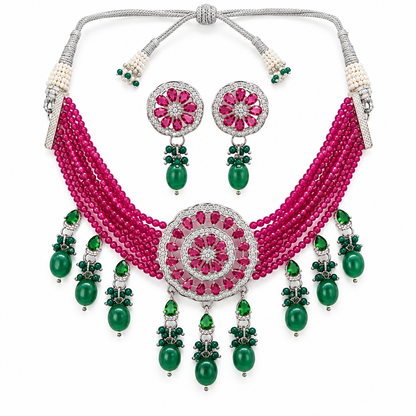 American Diamond Ruby Beads Choker Set