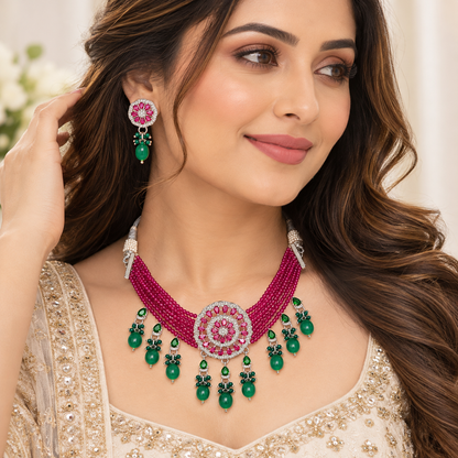 American Diamond Ruby Beads Choker Set