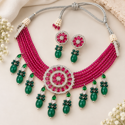 American Diamond Ruby Beads Choker Set