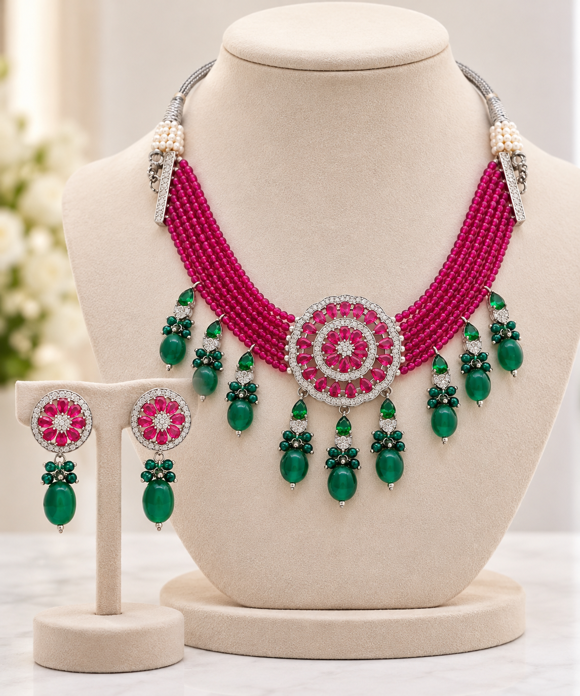 American Diamond Ruby Beads Choker Set