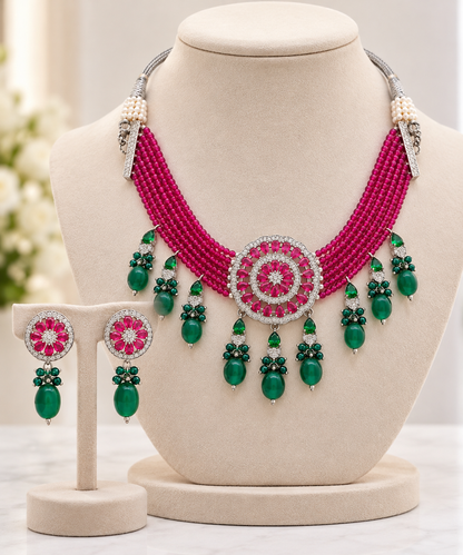 American Diamond Ruby Beads Choker Set