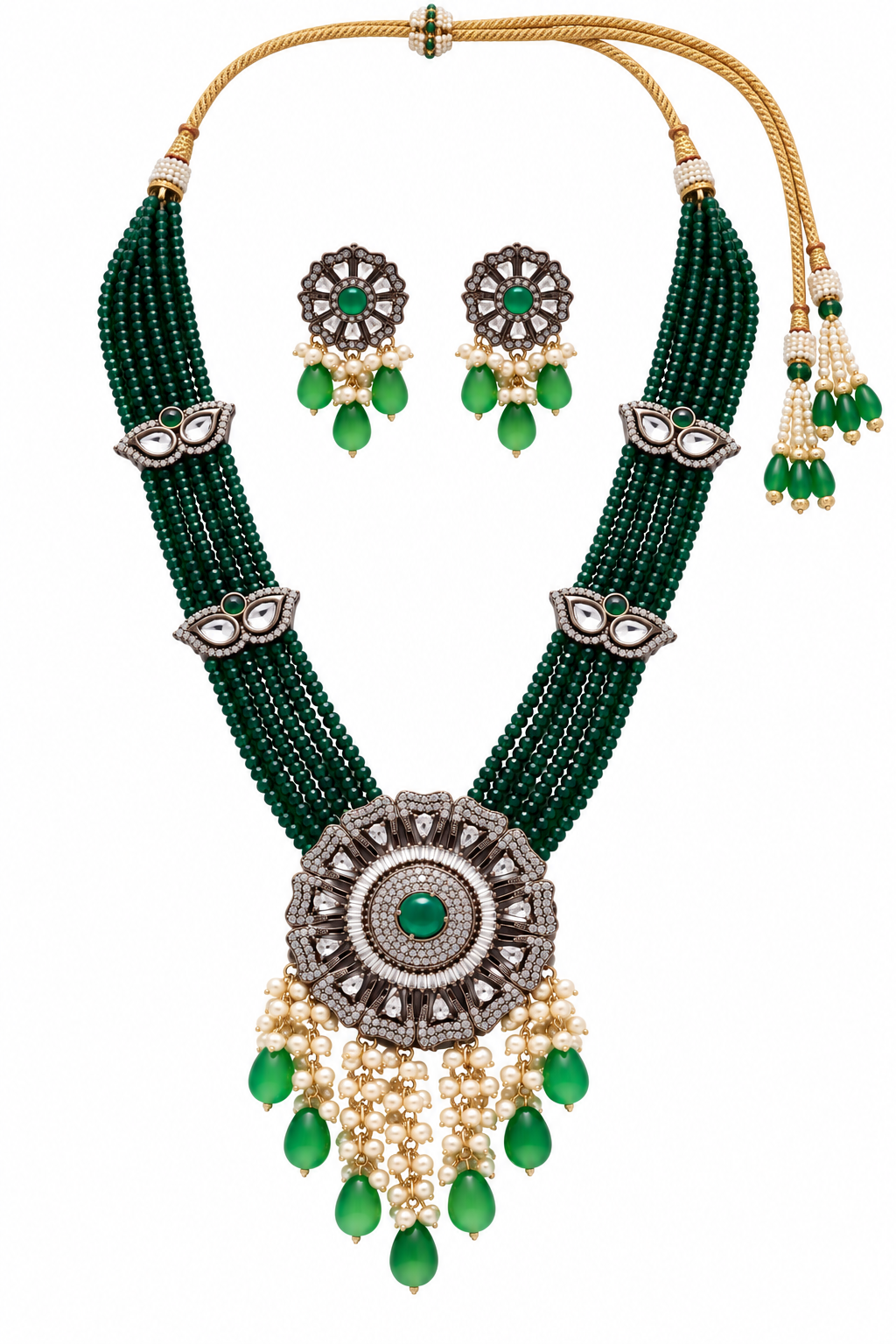 Designer CZ Center Pendant Long Necklace Set - Victorian Finish