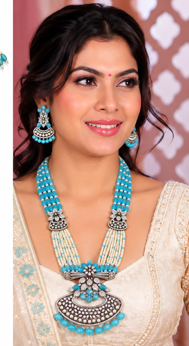 Aqua Blue Luxurious Victorian Long Necklace Set
