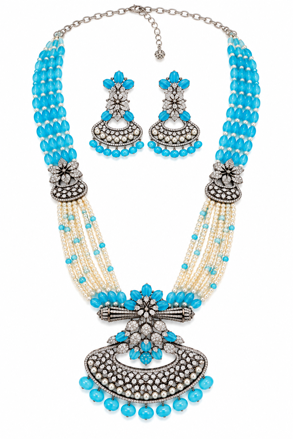 Aqua Blue Luxurious Victorian Long Necklace Set