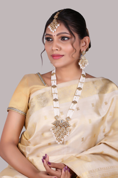 Pearl Polki Long Necklace Set With Maang Tikka