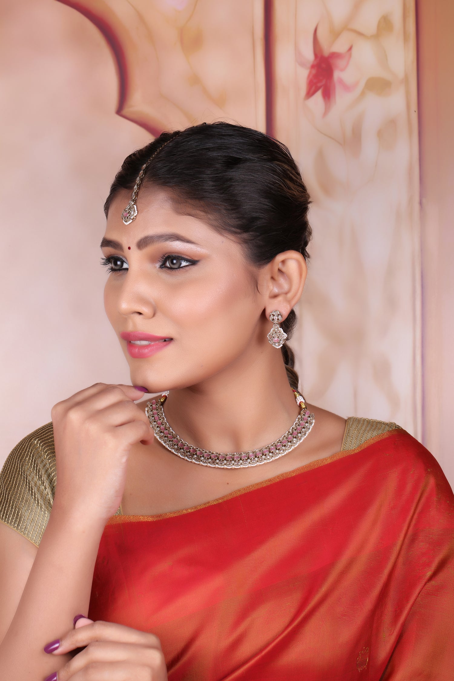 Pink Antique Polki Kundan Necklace Earrings Tika Set