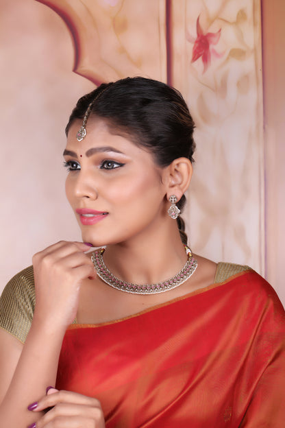 Pink Antique Polki Kundan Necklace Earrings Tika Set