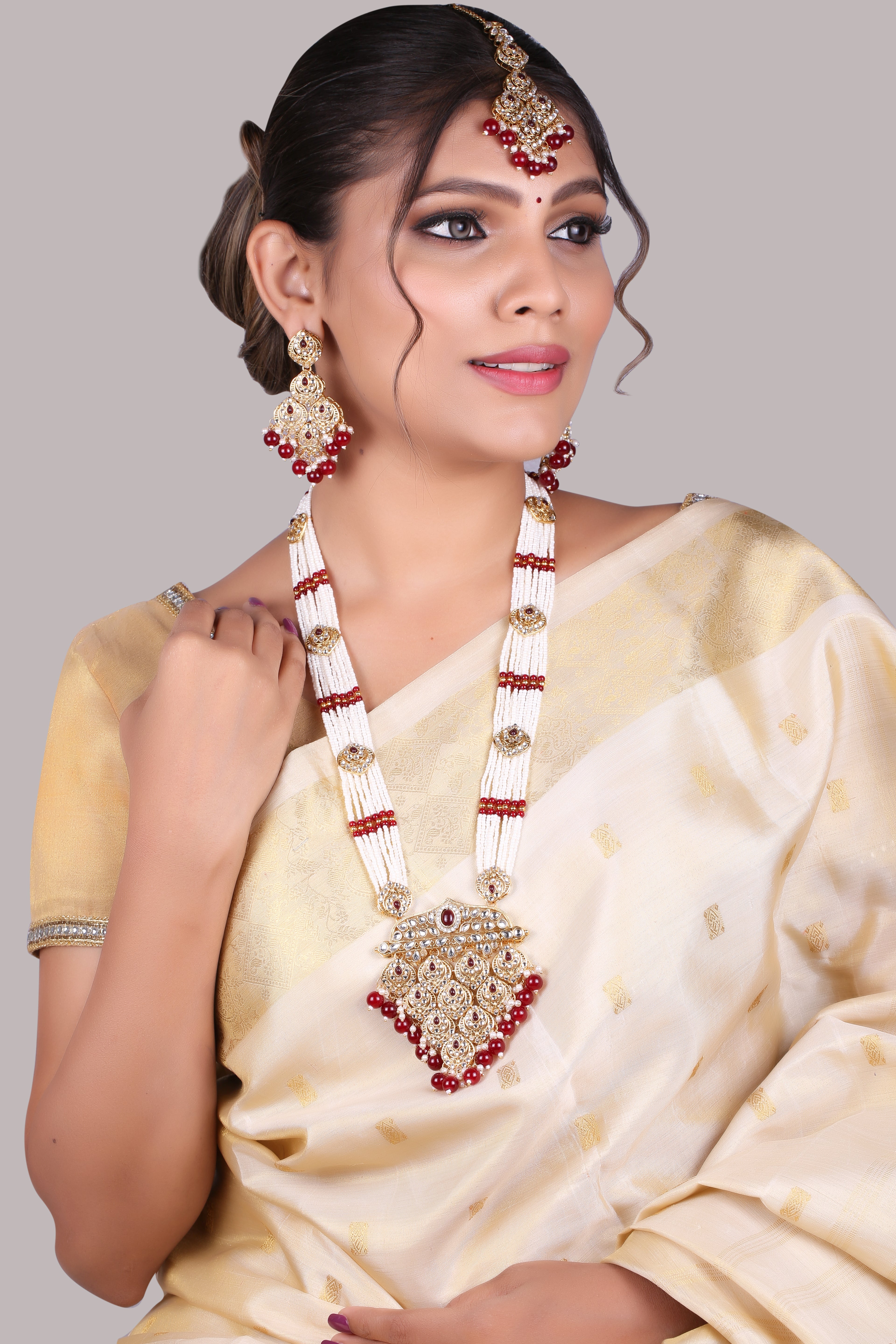 Ruby Polki Long Necklace Set With Maang Tikka