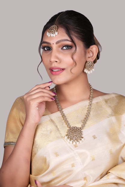 Antique Gold Polki Pearl Long Necklace Set With Maang Tikka