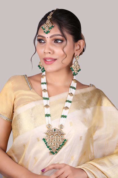Emerald Green Polki Long Necklace Set With Maang Tikka