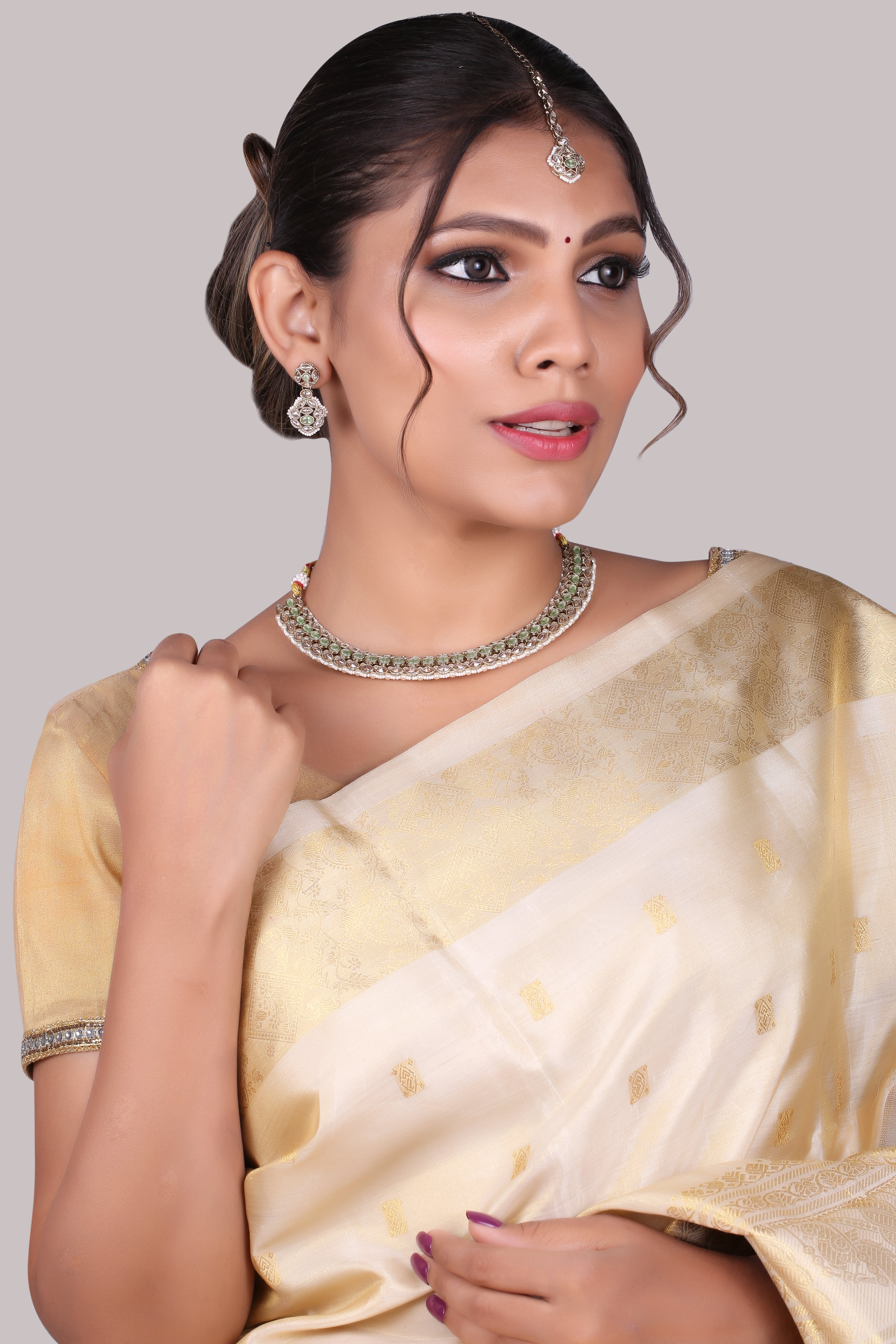 Mint Green Antique Polki Kundan Necklace Earrings Tika Set