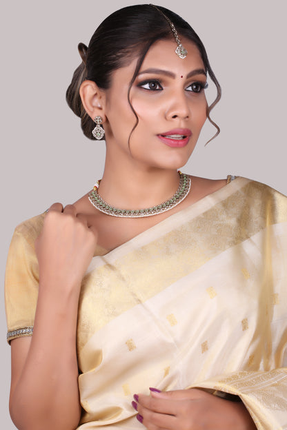 Mint Green Antique Polki Kundan Necklace Earrings Tika Set