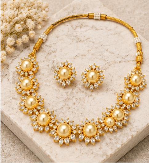 Golden Champagne Pearl Collar Necklace Earrings Set