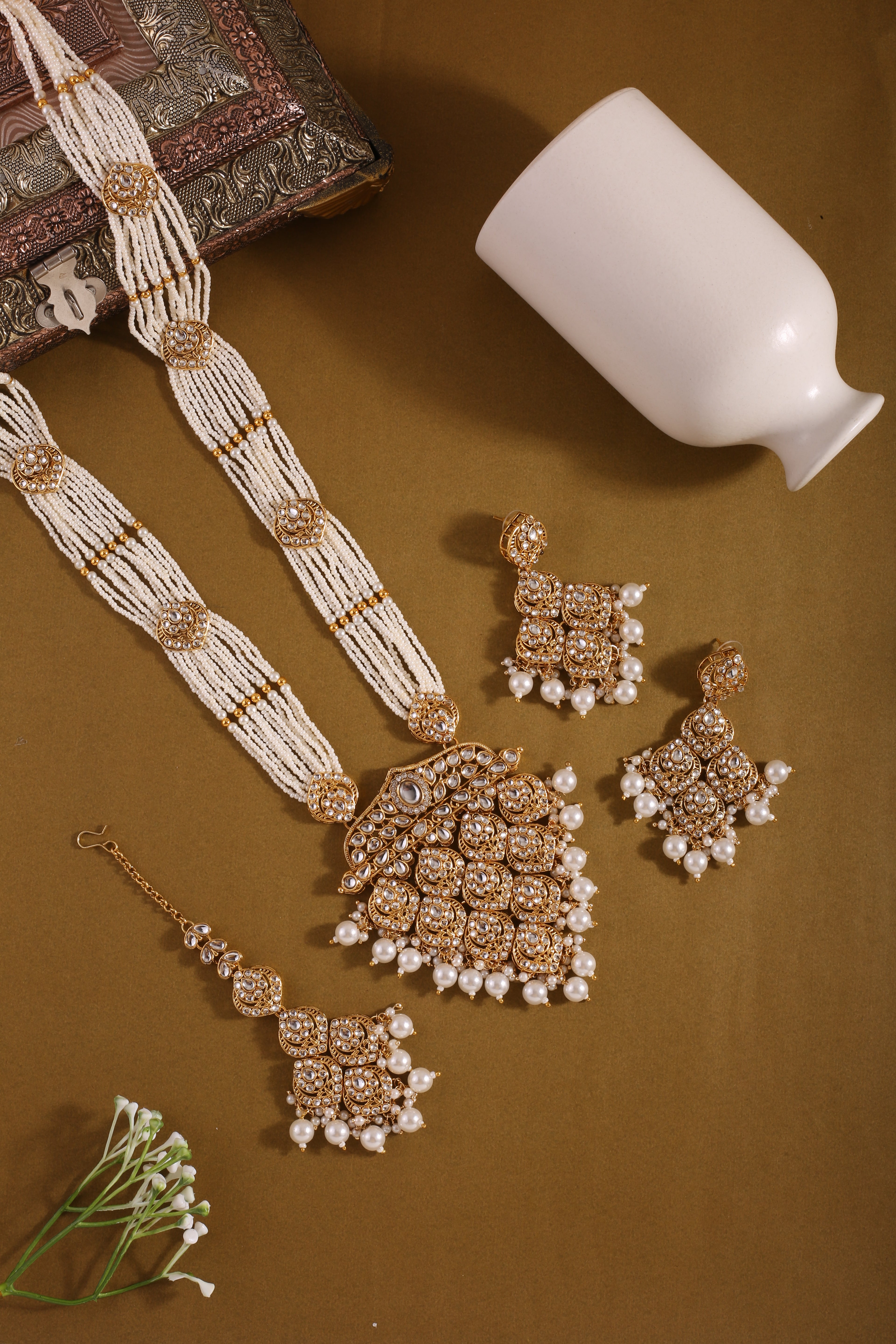 Pearl Polki Long Necklace Set With Maang Tikka