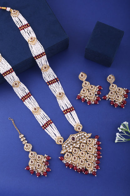 Ruby Polki Long Necklace Set With Maang Tikka