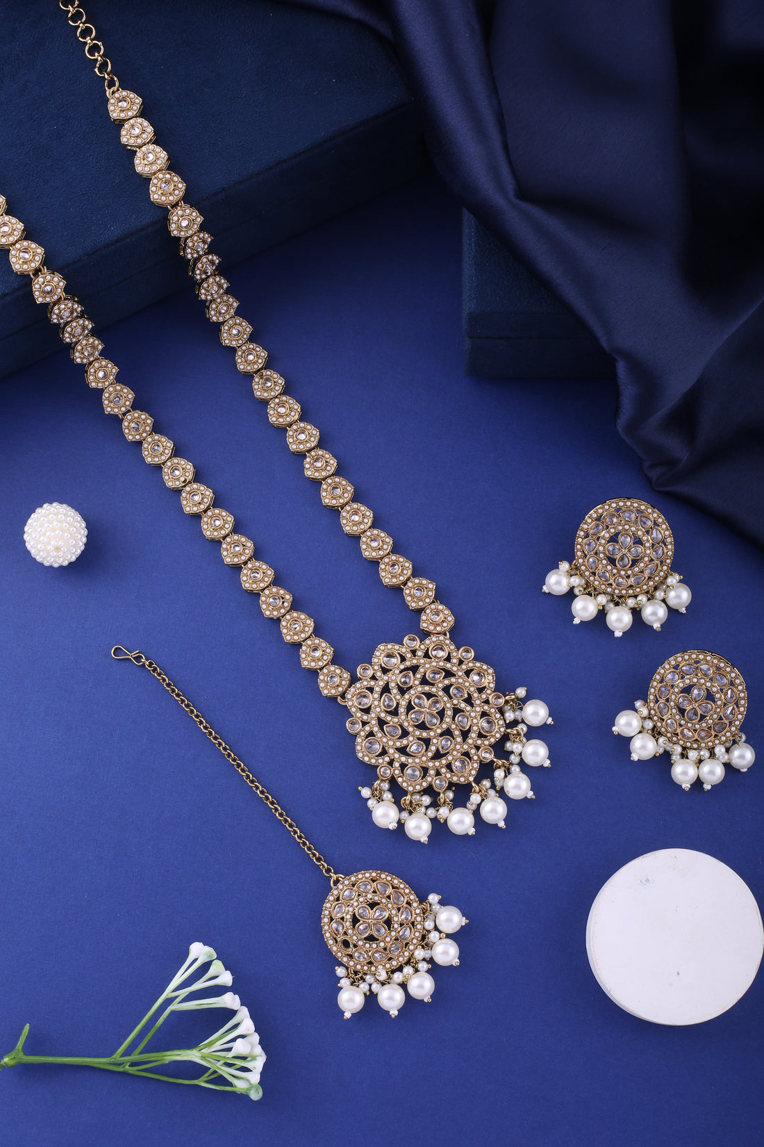 Antique Gold Polki Pearl Long Necklace Set With Maang Tikka