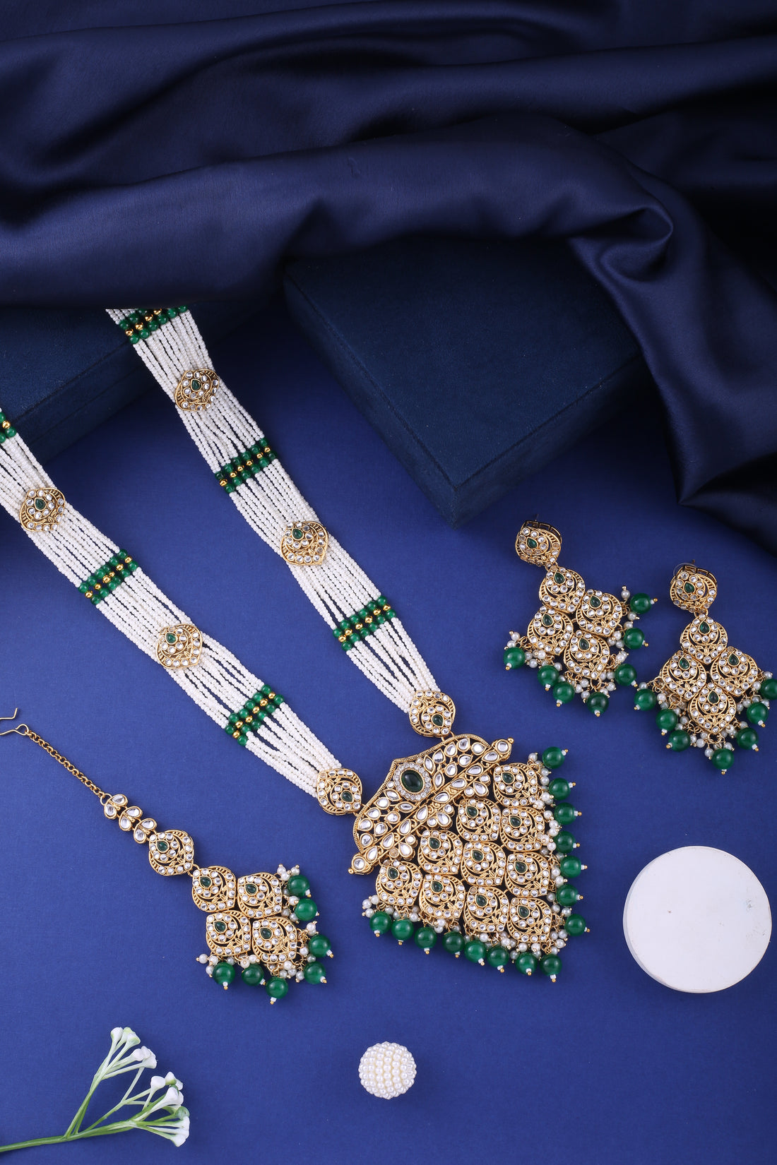 Emerald Green Polki Long Necklace Set With Maang Tikka