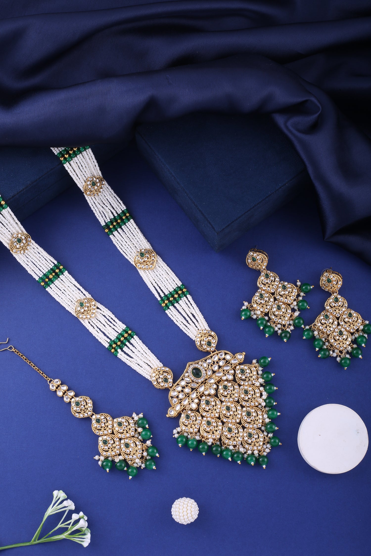 Emerald Green Polki Long Necklace Set With Maang Tikka