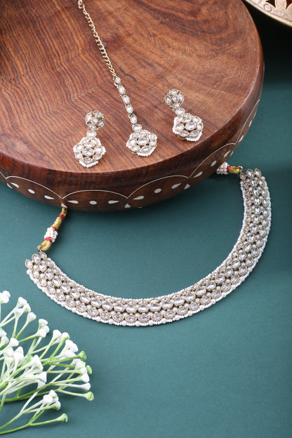 White Clear Antique Polki Kundan Necklace Earrings Tika Set
