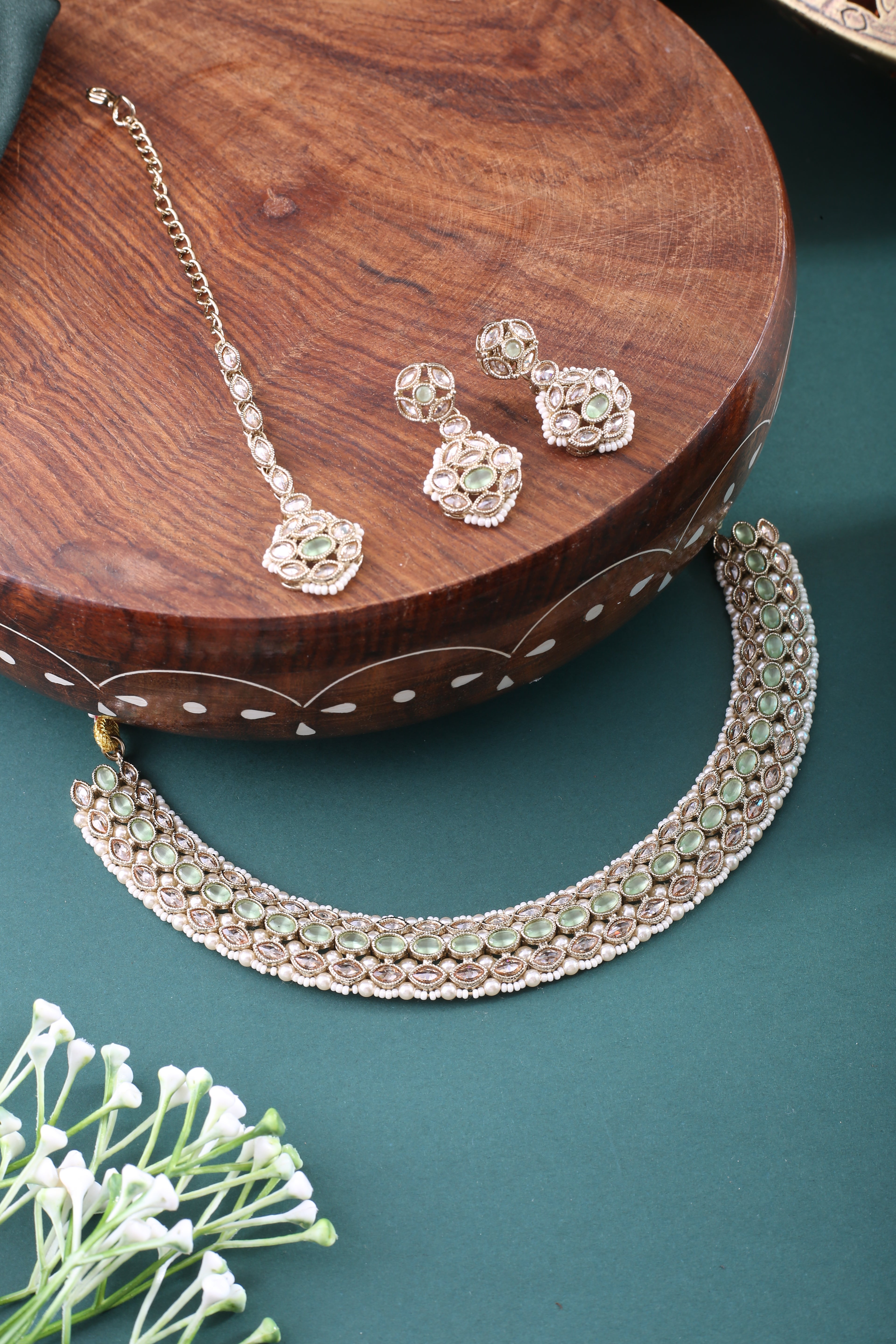 Mint Green Antique Polki Kundan Necklace Earrings Tika Set