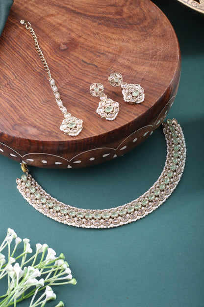 Mint Green Antique Polki Kundan Necklace Earrings Tika Set