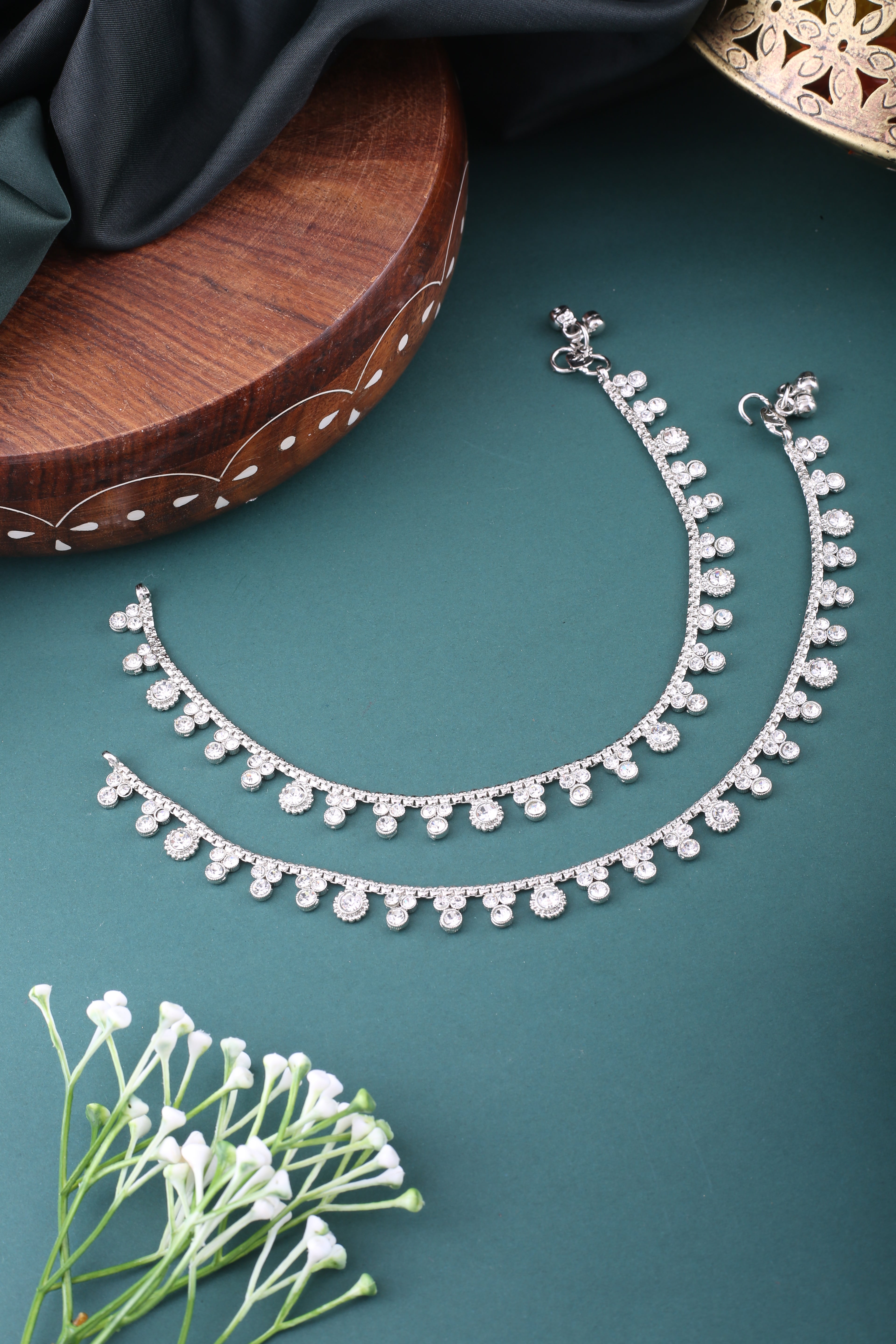 CZ Silver Traditional Anklet Set - Payal