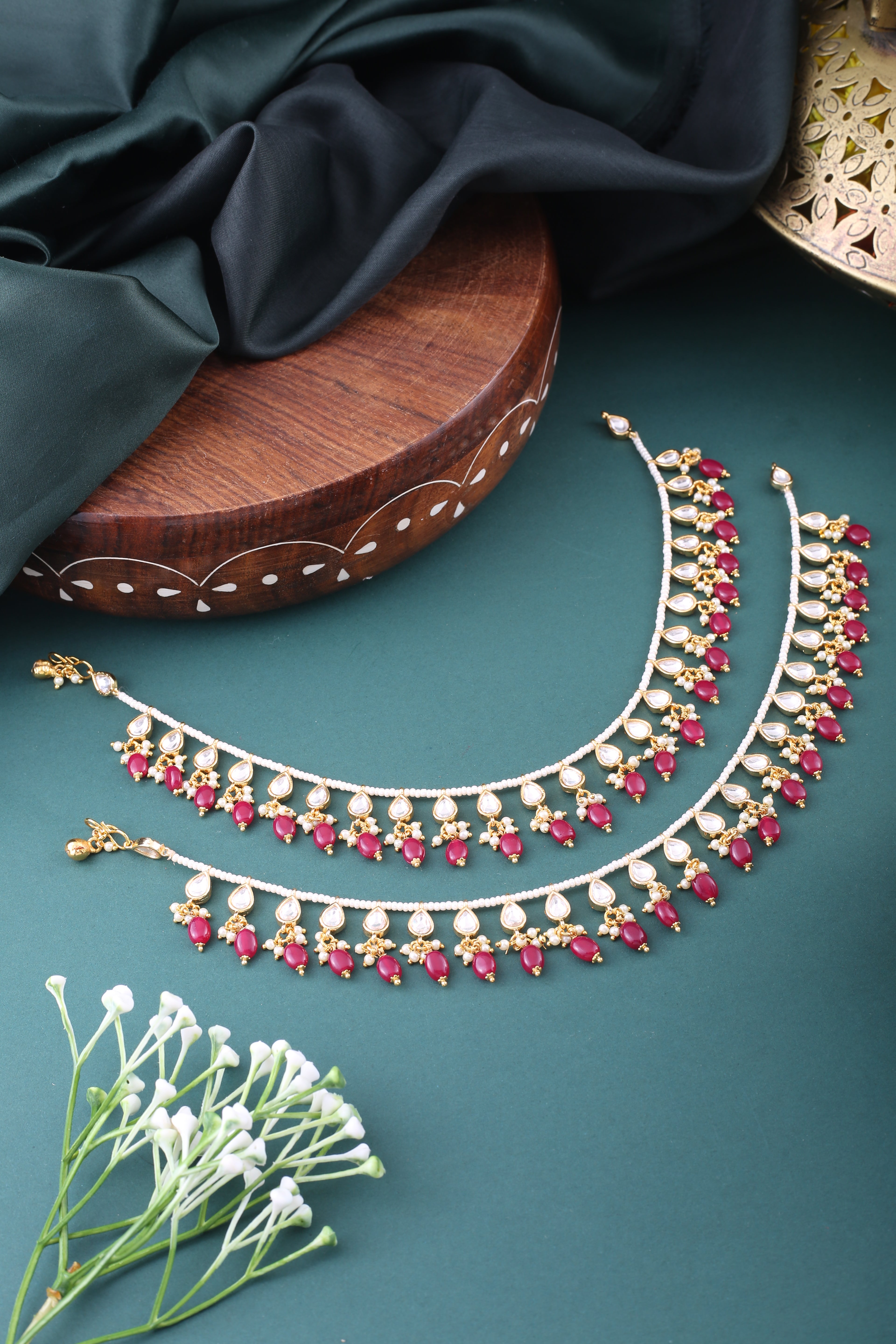 Maya Traditional Ruby Kundan Pearl Anklet Set - Payal