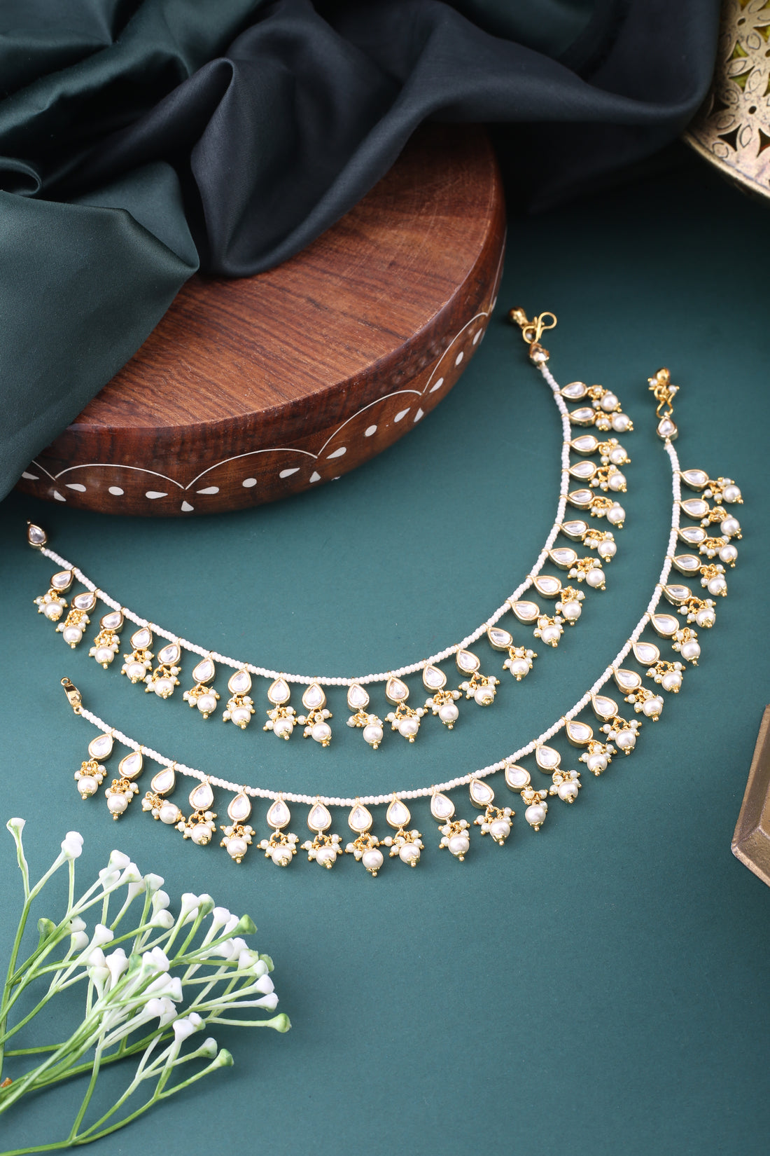 Maya Traditional Gold Kundan Pearl Anklet Set - Payal