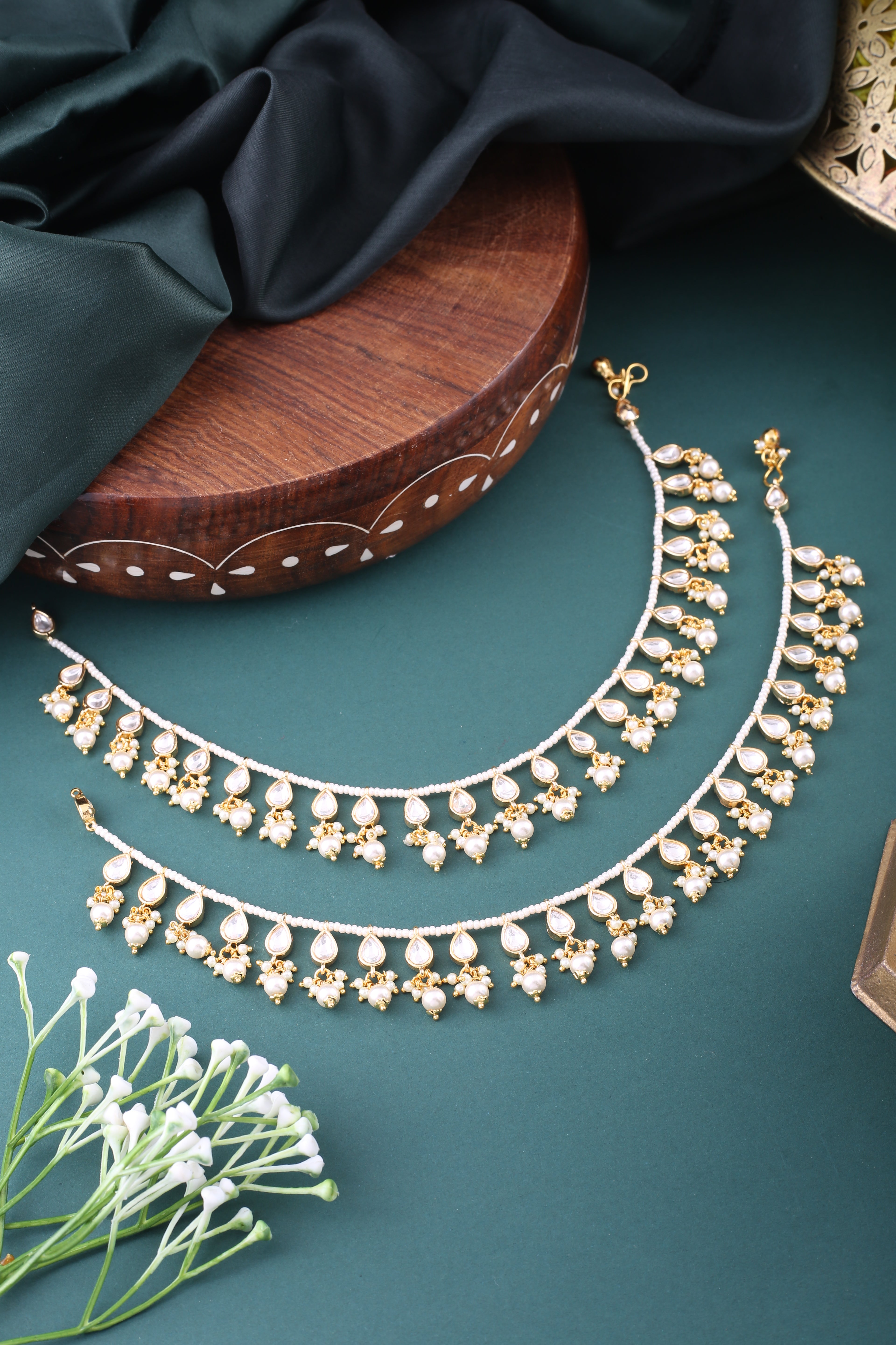 Maya Traditional Gold Kundan Pearl Anklet Set - Payal
