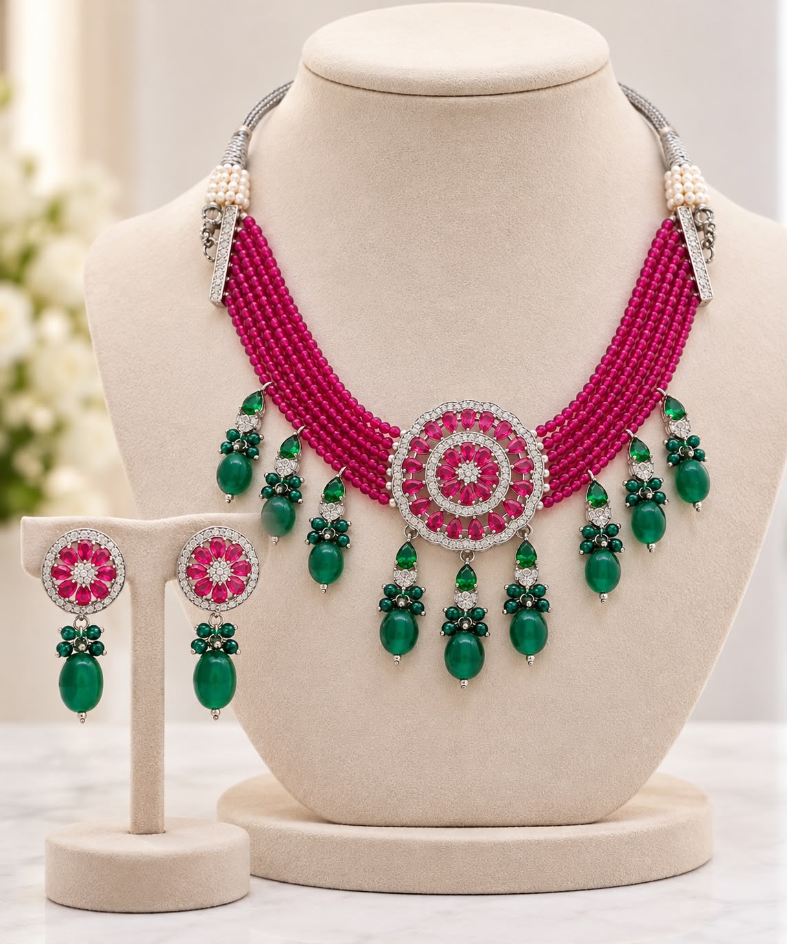 American Diamond Ruby Beads Choker Set displayed on bust with earrings