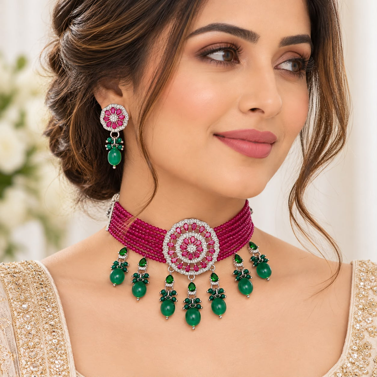 American Diamond Ruby Beads Choker Set worn by model – ruby bead choker with green onyx drops