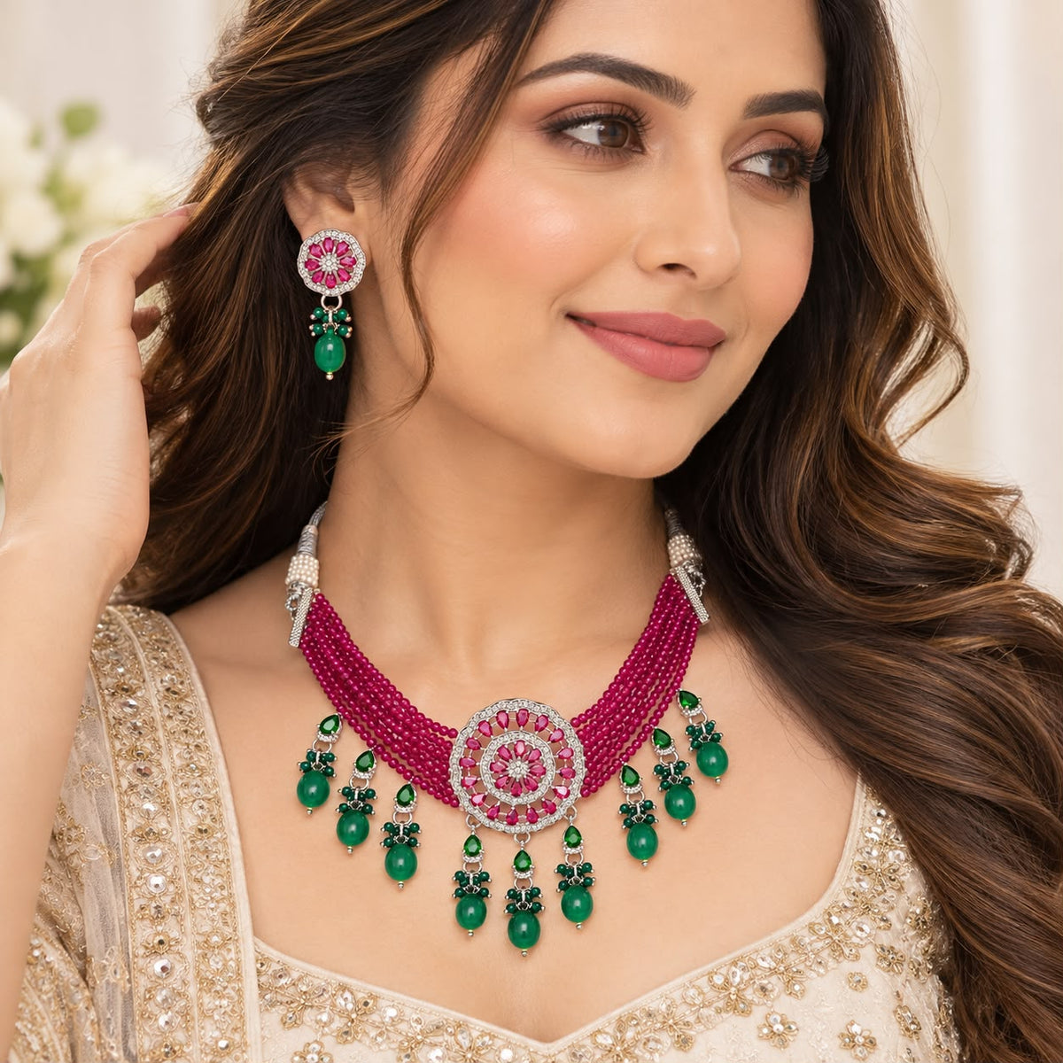 American Diamond Ruby Beads Choker Set and earrings styled on model
