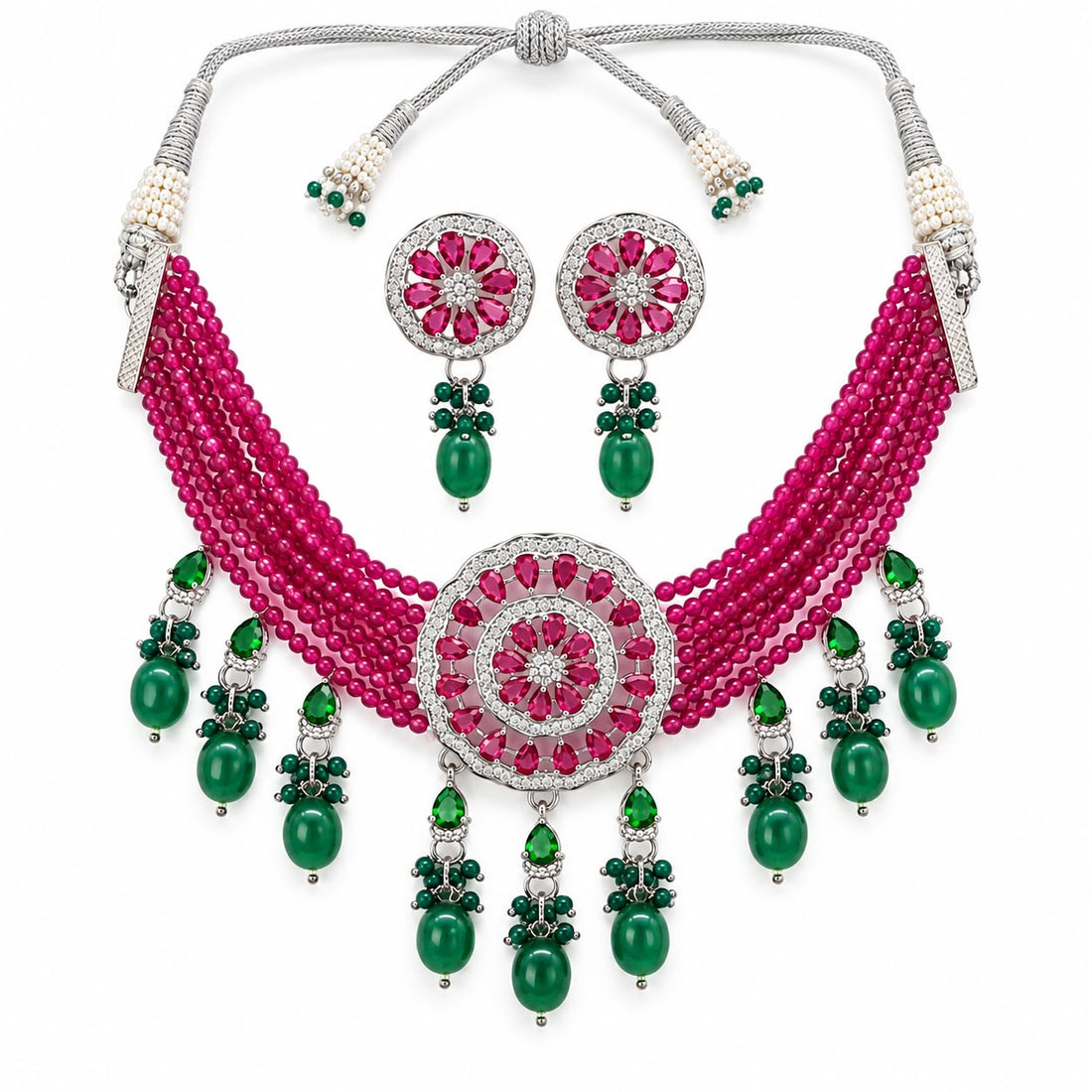 American Diamond Ruby Beads Choker Set with emerald green drops and matching stud earrings – Sparkling Trendz