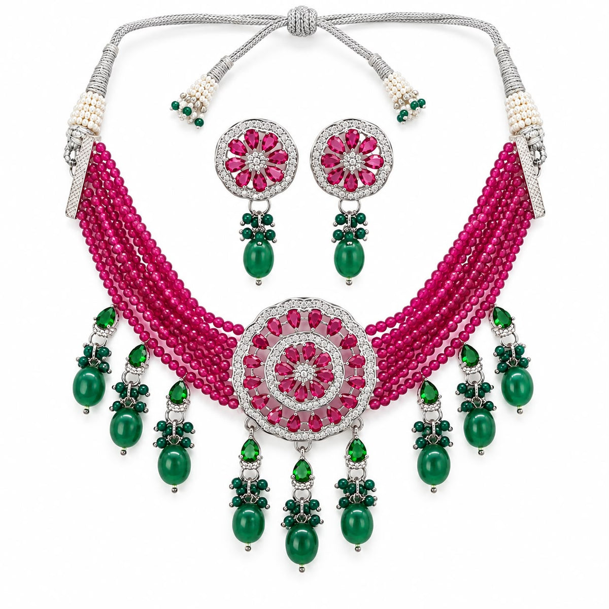 American Diamond Ruby Beads Choker Set with emerald green drops and matching stud earrings – Sparkling Trendz