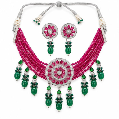American Diamond Ruby Beads Choker Set with emerald green drops and matching stud earrings – Sparkling Trendz