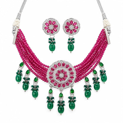 American Diamond Ruby Beads Choker Set front view – multi-strand ruby beads with CZ medallion
