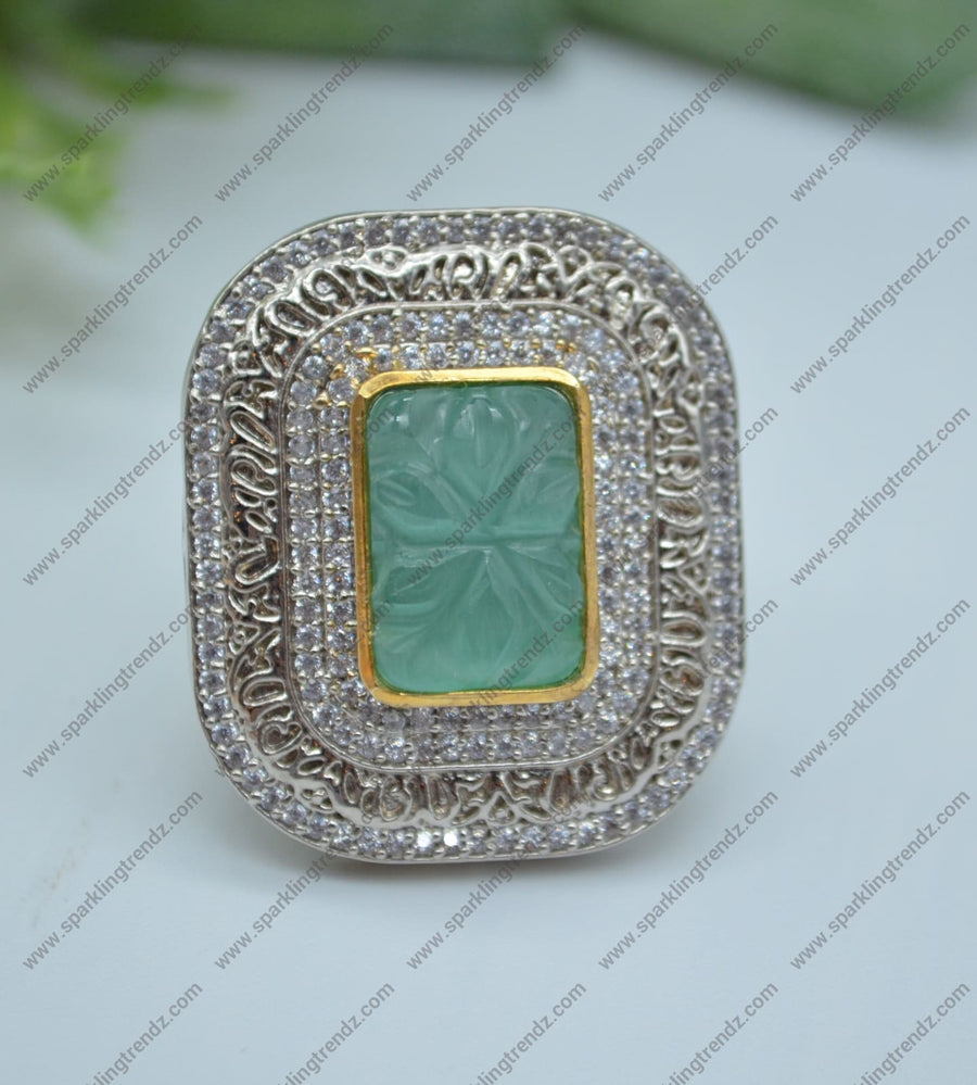Daul Tone Cz Turquoise Craved Monalisa Stone Adjustable Ring Rings