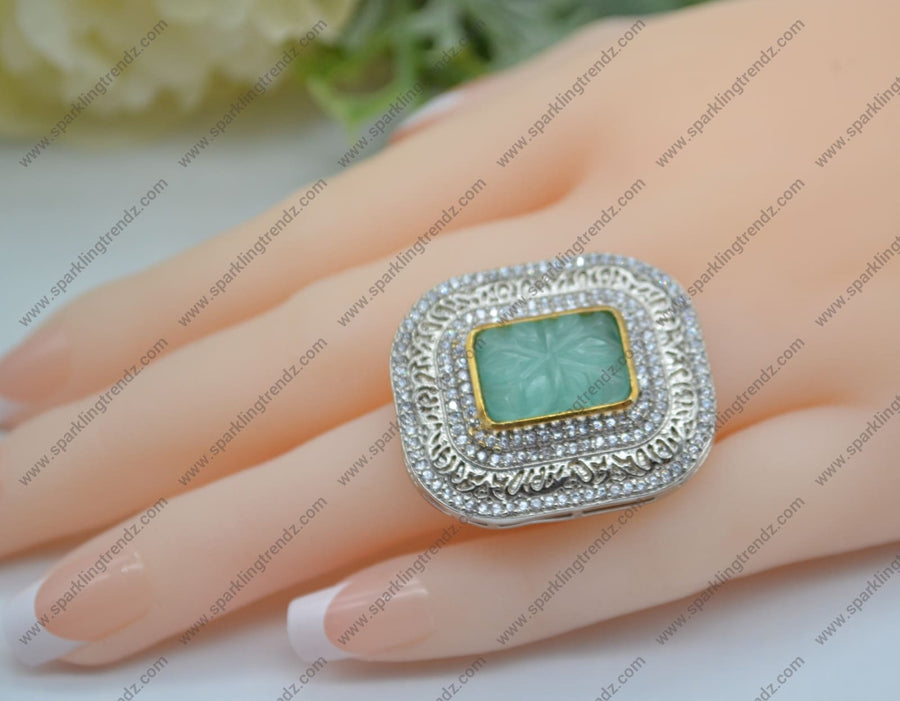 Daul Tone Cz Turquoise Craved Monalisa Stone Adjustable Ring Rings