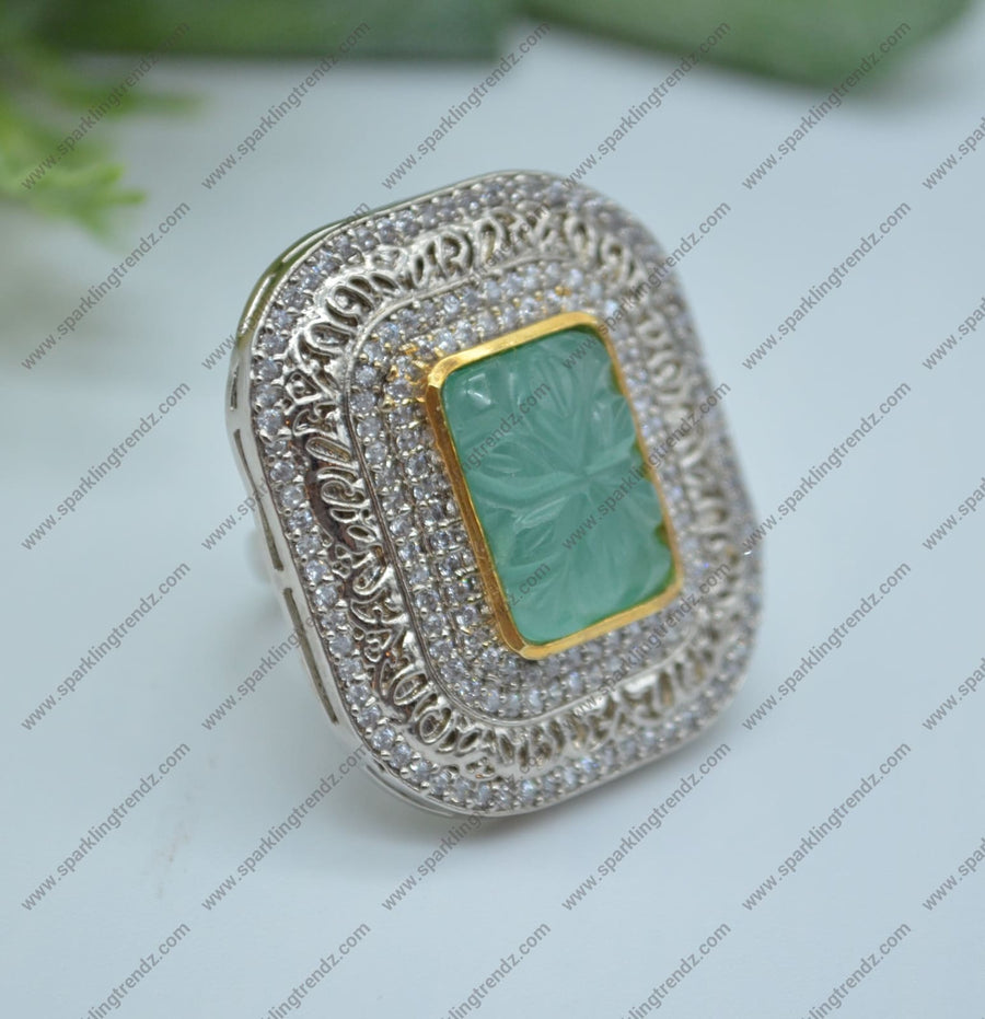 Daul Tone Cz Turquoise Craved Monalisa Stone Adjustable Ring Rings